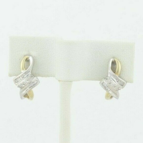 10k Yellow Gold Diamond Earrings J Hoop Earrings  .25 tcw hoops - Picture 1 of 8